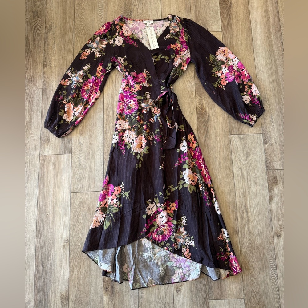 The Eden Floral V-Neck Midi Dress in Brown Multi from Piper & Scoot